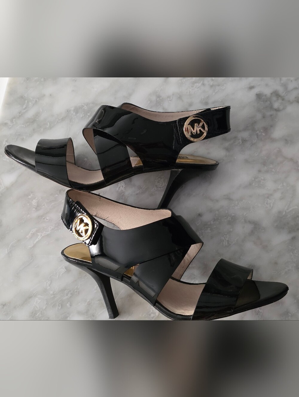 Like New: Michael Kors Black Patent Leather Mid-Heel Sandals with Gold MK Accent